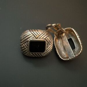 Vintage black onyx 925 Sterling Silver rectangular clip-on earrings weave design